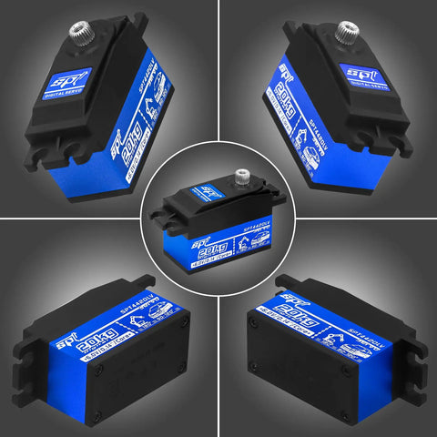 Beefy 20kg Low Profile High Torque Metal Gear Digital Servo With 25T Arm For 1 8 Scale 1 10 Scale 1 12 Scale RC Cars And Robots Set Of Two Smooth Quick Response Durable Metal Gear For DIY Model Builds. low-profile blue and black metal gear digital servo shown from multiple angles