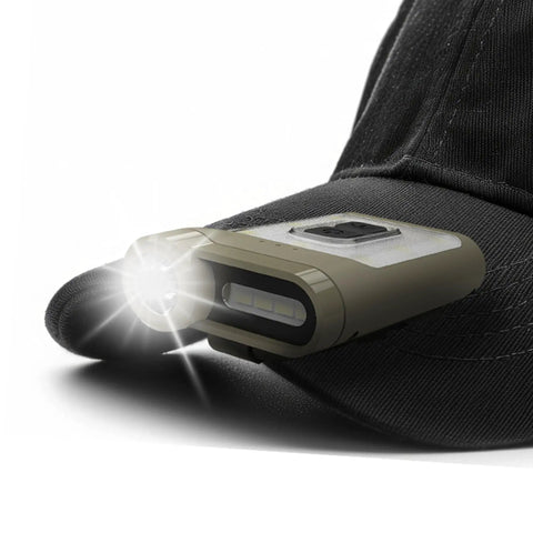 Tan Ultra Lightweight Clip On Cap Light 65A Plus USB C Rechargeable 230 Lumen LED Compact Headlamp attached to black cap