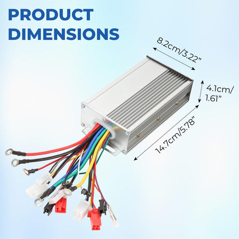 Beefed Up Dual Mode 12 Tube Brushless Motor Speed Controller with wires exposed; dimensions labeled for size reference.