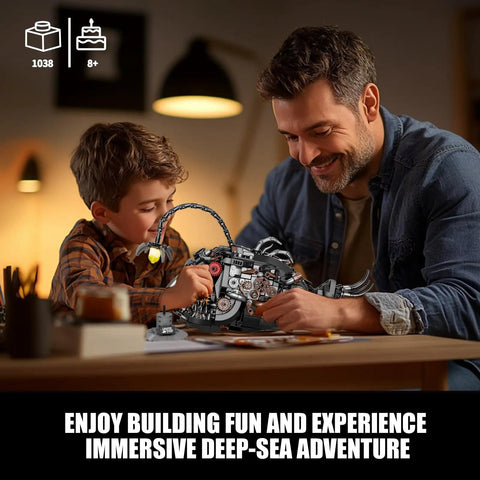 Mechanical Angler Fish Building Set With Light For Home Office Decor And Ocean Themed Lit Fun Lantern Fish Toy Lego Compatible Sea Creature STEM Gift Idea For Adults And Teens 1038 Piece Set, 1038-piece black model with boy and man building