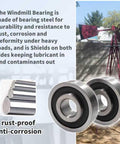 Windmill Bearing Repair Kit For Lawn Garden Eight Foot Yard Ornament Fan With One Half Inch ID By One And Three Eighths Inch OD And Three Eighths Inch ID By One And A Quarter Inch OD Durable Bearing Steel For No Fuss Easy Install On Eight Foot Hub, showing rust-proof steel bearings and a red windmill in garden setting