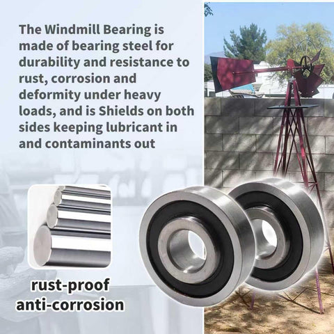 Windmill Bearing Repair Kit For Lawn Garden Eight Foot Yard Ornament Fan With One Half Inch ID By One And Three Eighths Inch OD And Three Eighths Inch ID By One And A Quarter Inch OD Durable Bearing Steel For No Fuss Easy Install On Eight Foot Hub, showing rust-proof steel bearings and a red windmill in garden setting
