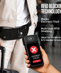 Person using Hidden Money Belt For Travel With RFID Blocking Passport Holder And Slim Body Wallet Under Clothes, luggage beside.