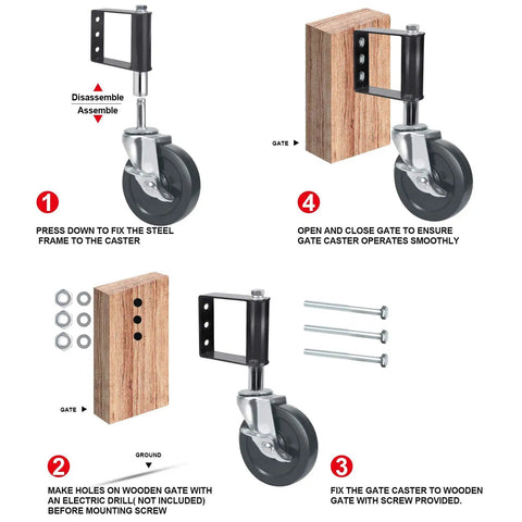 Spring Loaded Gate Wheel For Wooden And Metal Tube Swing Gates Quiet Heavy Duty Gate Caster With Brake 4 Inch Smooth Rolling
