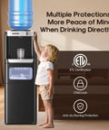 Child standing near Three In One Water Dispenser With Built In Ice Maker Hot And Cold Water Cooler For Five Gallon Bottles With Child Lock.