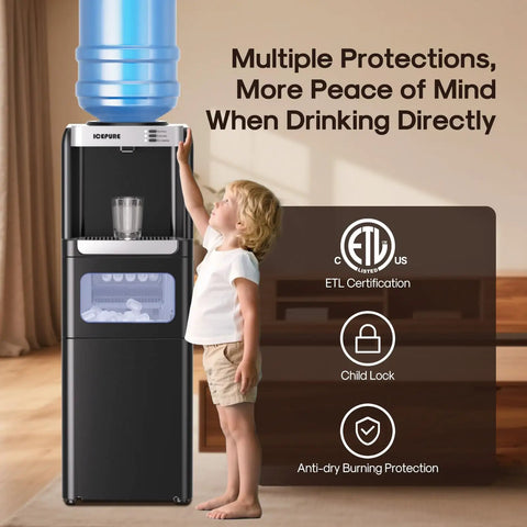 Child standing near Three In One Water Dispenser With Built In Ice Maker Hot And Cold Water Cooler For Five Gallon Bottles With Child Lock.