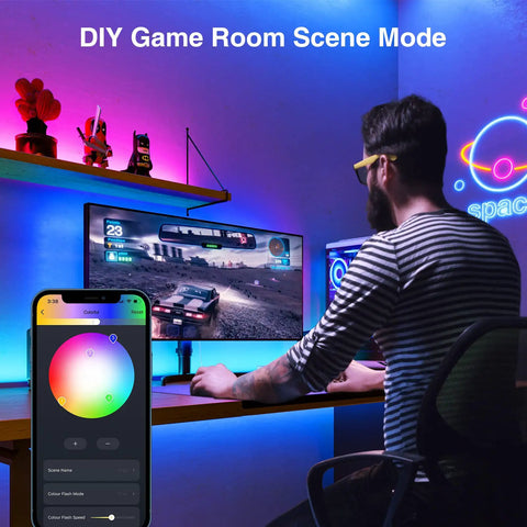 DIY game room with 9.2ft Smart TV Backlight LED Strip with 16 Million RGB Colors for immersive gaming ambience.
