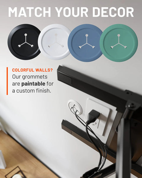 2.25-Inch Mini Cord Hiders For Wall Cable Management, multiple color grommets, conceal cables behind wall near mounted desk