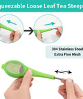 Long Handled Tea Infuser With Fine Mesh Strainer And Built In Plunger Reusable Loose Leaf Coffee Filter shown in use, green silicone and stainless steel.