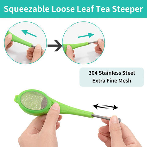 Long Handled Tea Infuser With Fine Mesh Strainer And Built In Plunger Reusable Loose Leaf Coffee Filter shown in use, green silicone and stainless steel.