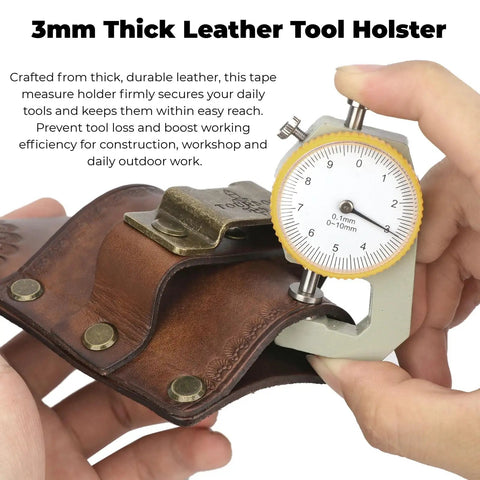 Measuring thickness of Leather Tool Holster With Hammer Loop, Tape Measure Holder, And Pencil Pouch For Belt