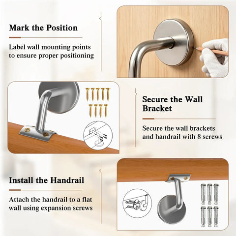Installation guide for Heavy Duty Beech Wood Stair Handrail 100 Cm showing mounting steps and tools for secure setup.