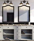 Bathroom with Black Two Light Vanity Wall Sconce For Farmhouse Bathrooms And Over Mirror Lighting above double mirrors
