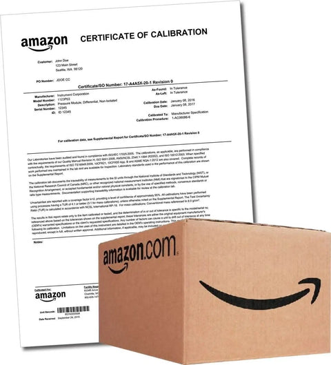 Calibration certificate and Amazon box for Pro Grade Dial Caliper 0-6 Inch With 0.001 Inch Graduation Hardened Stainless Steel
