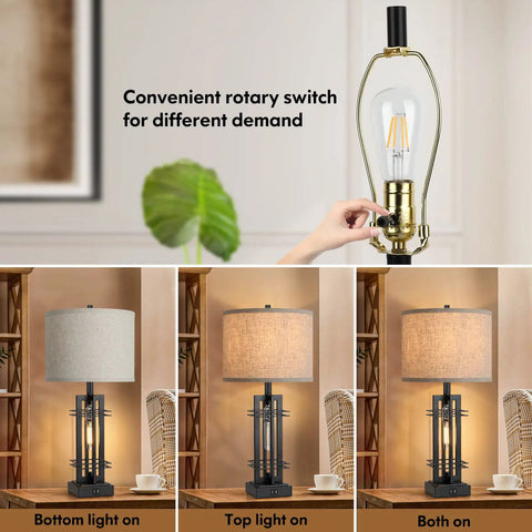 Farmhouse Style Twin Table Lamps With USB Ports for Bedroom And Living Room 27 And A Half Inch Tall, cream fabric shade.