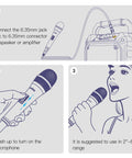 Illustration of Karaoke Dynamic Vocal Microphone For Stage And Home Use 6.35mm Wired Handheld Mic with connection and usage steps.