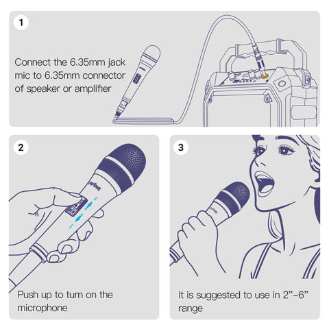 Illustration of Karaoke Dynamic Vocal Microphone For Stage And Home Use 6.35mm Wired Handheld Mic with connection and usage steps.
