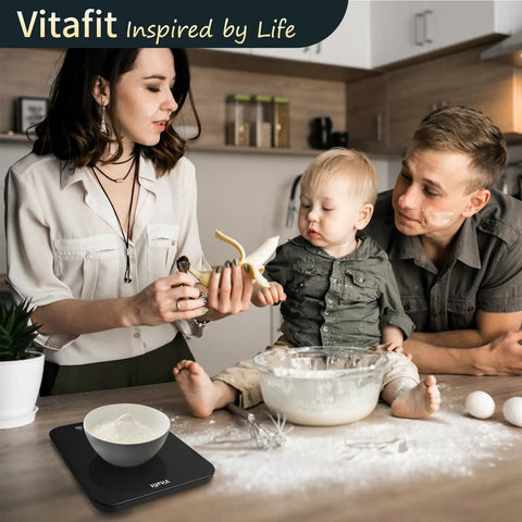 Family cooking with 33 Pound Digital Food Scale With Ultra Precision 0.1 Oz And 1 G, 15 Kg Capacity For Cooking And Baking.