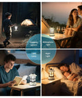 Mini Dual LED Lantern With Retro Vibe, Battery Powered Lamp in camping and reading scenes, dimmable warm and daylight modes.