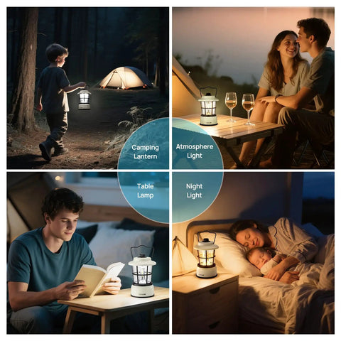 Mini Dual LED Lantern With Retro Vibe, Battery Powered Lamp in camping and reading scenes, dimmable warm and daylight modes.