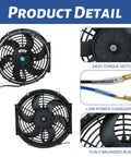 Knockout 10 Inch 12 Volt Universal Slim Pull Push Electric Radiator Cooling Fan With Mounting Kit, top view and side view.