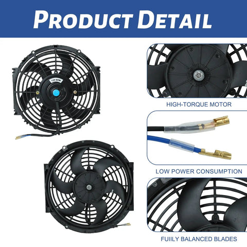Knockout 10 Inch 12 Volt Universal Slim Pull Push Electric Radiator Cooling Fan With Mounting Kit, top view and side view.