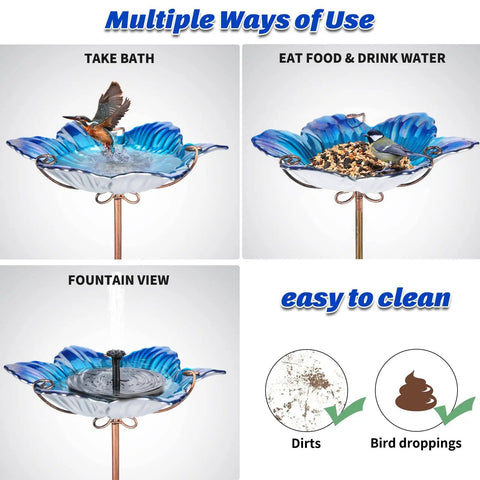 Glass Flower Pattern Bird Bath With Metal Stake For Outdoor Garden Yard Lawn Decor Blue Glass Bird Feeder Bowl Attracts Birds For Bathing And Adds Colorful Charm, shown with birds feeding, bathing, and fountain view.