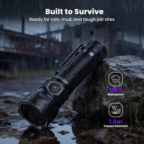 Rechargeable 365nm UV Blacklight Flashlight With ZWB2 Filter IPX8 Waterproof lying in rain