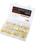 Heat Shrink Ring Terminal Kit 100 Pcs Yellow 12 To 10 AWG Waterproof With Tinned Copper Barrels organized in transparent case