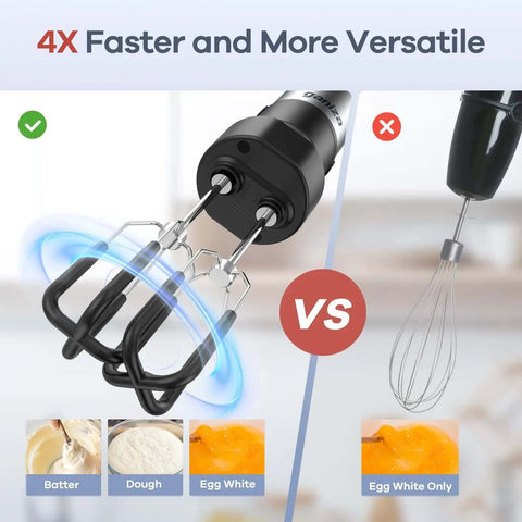 Comparison of Heavy Duty 6 In 1 Handheld Immersion Blender With 1100w Copper Motor and a whisk for batter and dough.