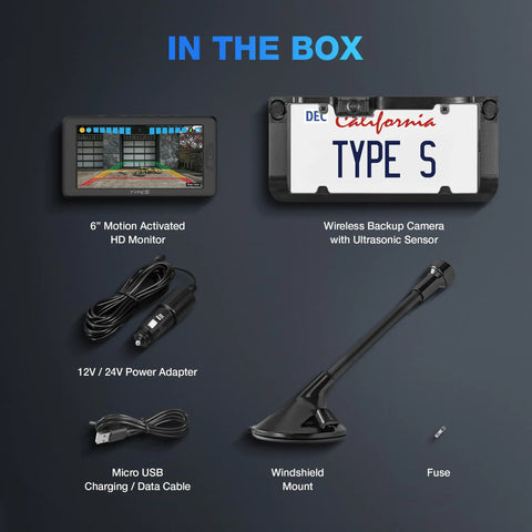 Contents of Solar Powered Wireless Back Up Cam With License Plate Frame, including 6 inch HD monitor and accessories