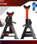 Car jack stands, 3-ton capacity, orange adjustable post, black A-frame base with rubber pads; pair