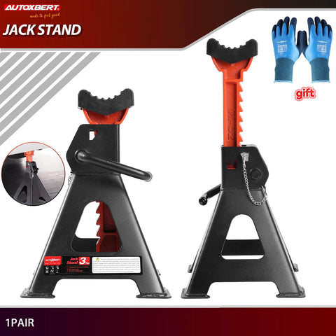 Car jack stands, 3-ton capacity, orange adjustable post, black A-frame base with rubber pads; pair