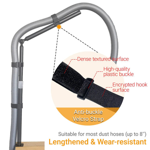 Tool Free Clamp On Dust Collection Boom Arm And Vacuum Hose Mount For Desktop CNC Machines, Table Saws demonstrating anti-buckle Velcro strap