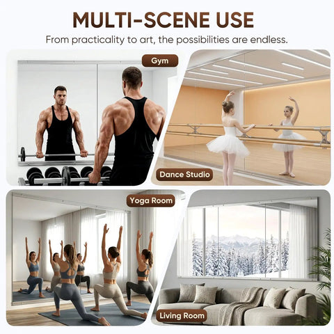 Two Piece Full Body Mirrors 48 By 24 Inches Frameless Tempered Glass Wall Mounted for home gym, dance studio, yoga room, and living space.