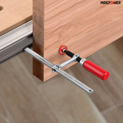 Quick Screw Guide Rail Clamp Set for MFT and Guide Rail Systems, Opens to Seven and Seven Eighths Inches, 2 Pack clamp in use