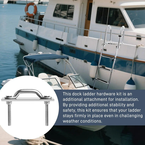 Stainless Steel Dock Ladder Hardware Attachment Kit For Pontoon Ladders And Swim Platforms shown installed on yacht