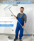 Man holding 18 Inch Paint Roller Kit With Long Reach Pole And Deep Paint Tray For Fast Wall Ceiling Application.