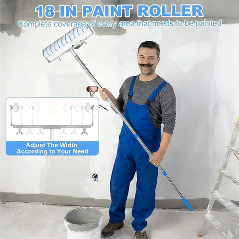 Man holding 18 Inch Paint Roller Kit With Long Reach Pole And Deep Paint Tray For Fast Wall Ceiling Application.