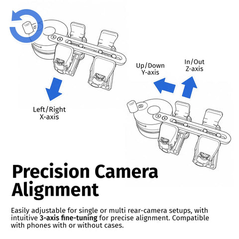 Diagram of universal spotting scope phone adapter with double grip telescope mount showing 3-axis camera alignment