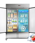 Rock Solid Heavy Duty 54 Inch Commercial Refrigerator Two Door Stainless Steel Reach In Upright Fridge Fan Cooled with displayed items.