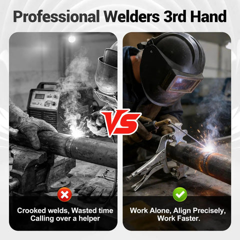Grip Your Pipes Tight As A Drum While You Dial In Bullseye Alignments Using This Portable Pipe Welding Clamp Third Hand Tool. Side-by-side image showing benefits of a third hand tool for precise welding.