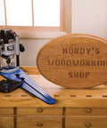 No Fuss Ellipse Router Circle Cutting Jig For Woodworking, Easy To Use Circle And Ellipse Routing Jig displayed with a router