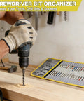 Drill Bit Organizer Roll Up Case With Zipper Heavy Duty Bit Holder Pouch for Tools open on workbench with drill in use