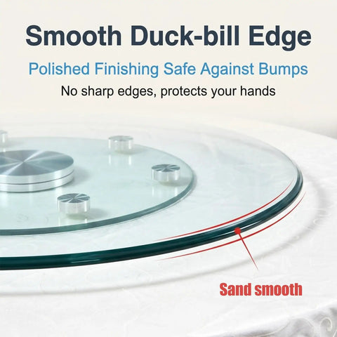 Workhorse Tempered Glass Lazy Susan Turntable with smooth duck-bill edge, polished finish, 360 degree silent bearing on tabletop.