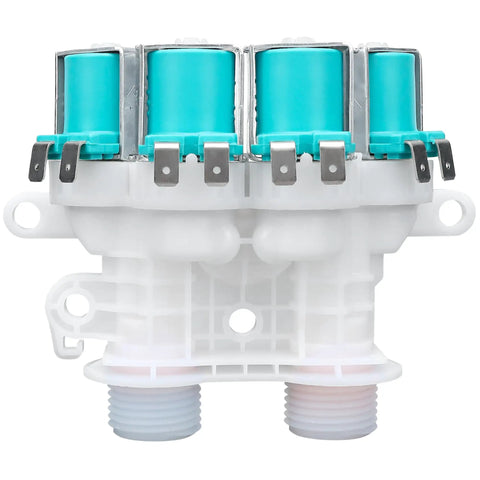 Washer Water Inlet Valve Assembly W11165546 W11096267 For Reliable Fill Control, Compatible With Most Front Load Washers, Replaces W10599423 W10758828 W11165546VP AP6284346, Dual 4 Coil Solenoid With Preinstalled Filter, front view
