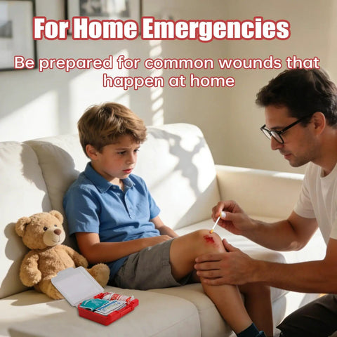 Adult aiding boy with knee injury using 135 Piece Hard Case First Aid Kit For Home Car Travel Camping Hiking Truck Sports Office And Outdoor Emergencies On The Go With Latex Free Bandages Wipes Gloves Tourniquet Tweezers And More