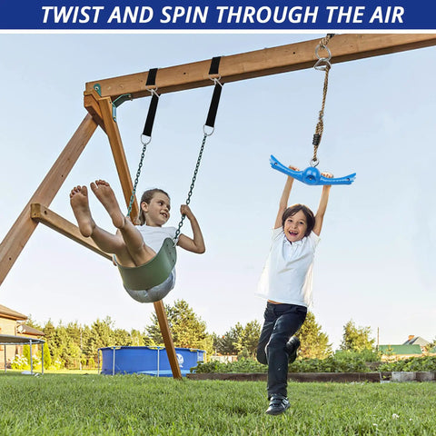 Kids playing with Ninja Twister Swing Spins Set Slackline Attachments 360 Degree Handle Twist Spin Flips Toy in backyard