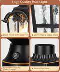 Dusk To Dawn Outdoor Post Light With Pier Mount Base featuring water ripple glass, black finish, gold trim, and dusk sensor.