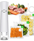 Handheld Food Vacuum Sealer That Keeps Food Fresh Up To Ten Times Longer With Powerful Suction And One Touch Seal compact view with bags and cable
